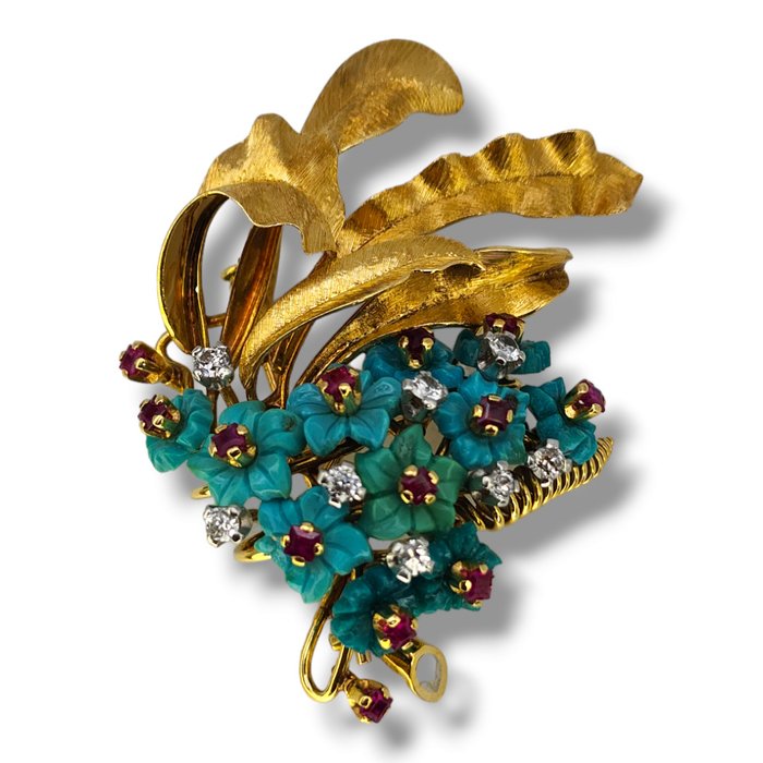 Broche - 18 kraat Gulguld, Fantastisk vintage 18K guld, diamanter og rubiner broche 28 gram Diamant (Natur)  - Rubin