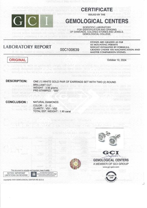 Øreringe - 14 karat Hvidguld -  1.90ct. tw. Diamant (Natur)