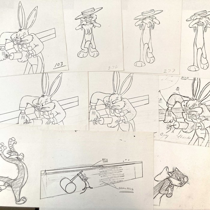 Warner Bros. Pakke med 10 Vintage Animation Tegninger kopier af 1949 - Bugs Bunny shorts - From Virgil Ross Archive