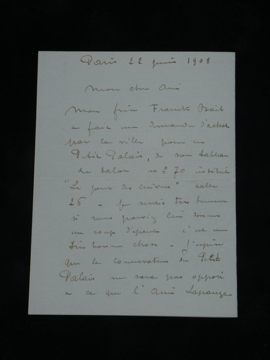 Joseph Bail - [Mon tableau intitulé "Le jour des cuivres"] - Lettre autographe signée à son ami Henri Lapauze, conservateur au Petit Palais - 1908