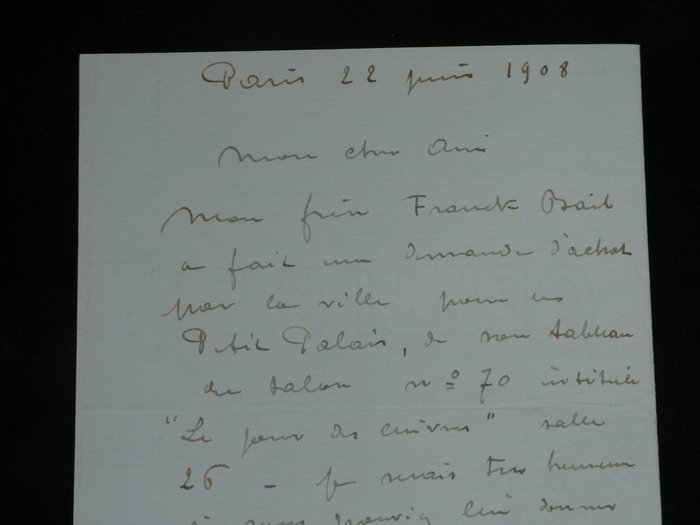 Joseph Bail - [Mon tableau intitulé "Le jour des cuivres"] - Lettre autographe signée à son ami Henri Lapauze, conservateur au Petit Palais - 1908