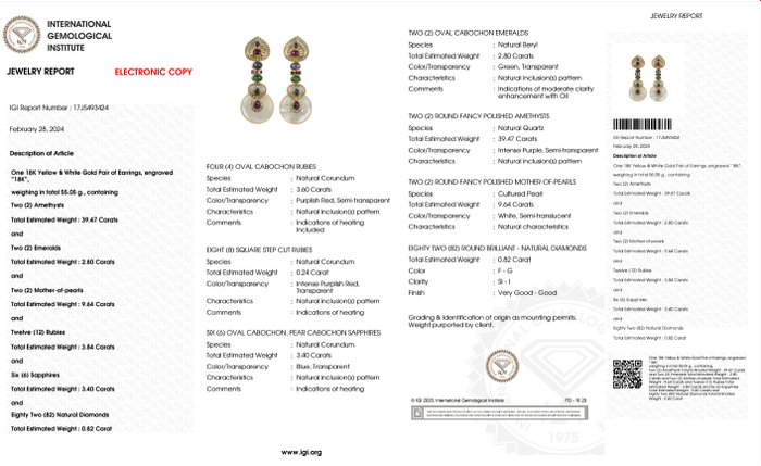 Øreringe - 18 kraat Gulguld, Hvidguld -  59.97ct. tw. Ametyst - Diamant