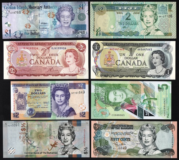 Verden. Commonwealth - 8 Banknotes, all with Queen Elizabeth II - various dates  (Ingen mindstepris)