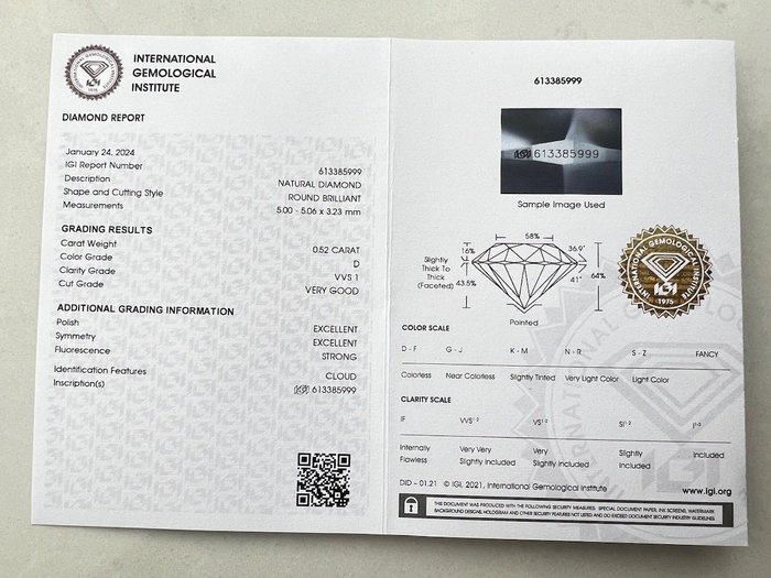 1 pcs Diamant  (Natur)  - 052 ct - Rund - D (farveløs) - VVS1 - International Gemological Institute (IGI)