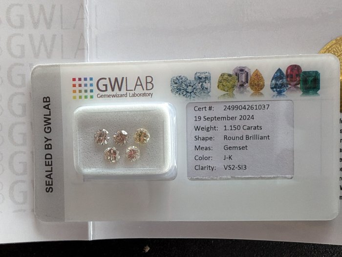 Ingen mindstepris - 5 pcs Diamant  (Natur)  - 1.15 ct - Rund - J, K - SI1, SI2, SI3, VS2 - Gemewizard Gemological Laboratory (GWLab)