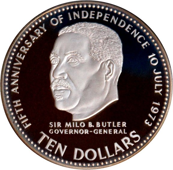 Bahamas. 10 Dollars 1978 "5th Anniversary of Independence-Sir Milo Butler" Proof  (Ingen mindstepris)