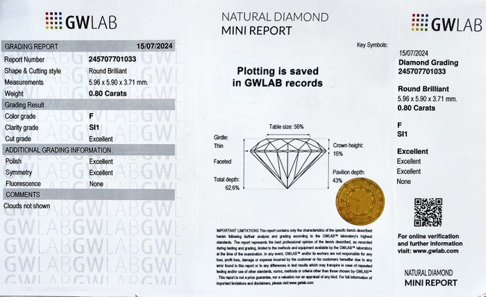 1 pcs Diamant  (Natur)  - 0.80 ct - Rund - F - SI1 - Gemewizard Gemological Laboratory (GWLab) - 3 x EX