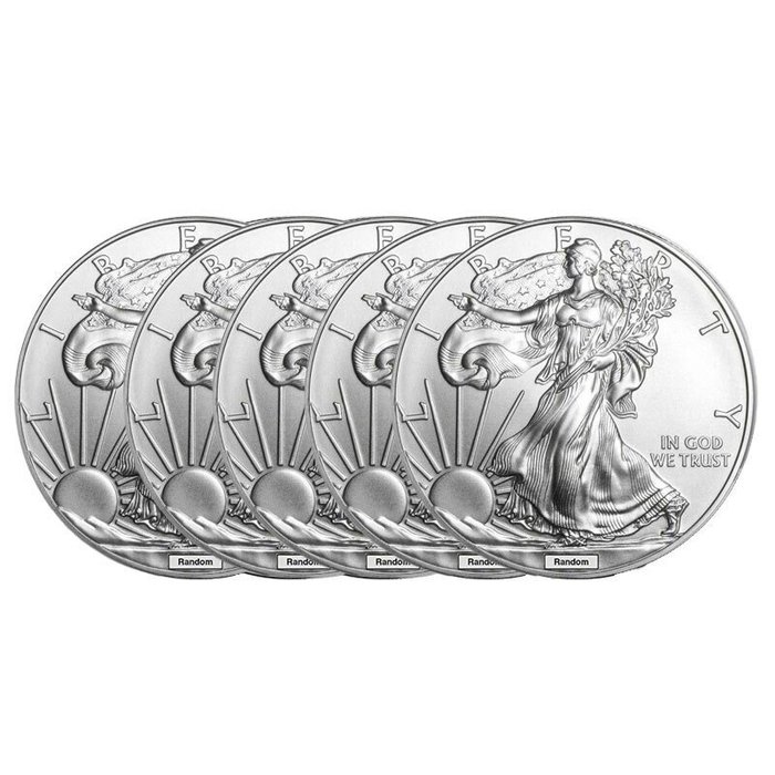 Förenta staterna. 5 x 1 oz $1 USD American Silver Eagle Coin BU (Random Years)