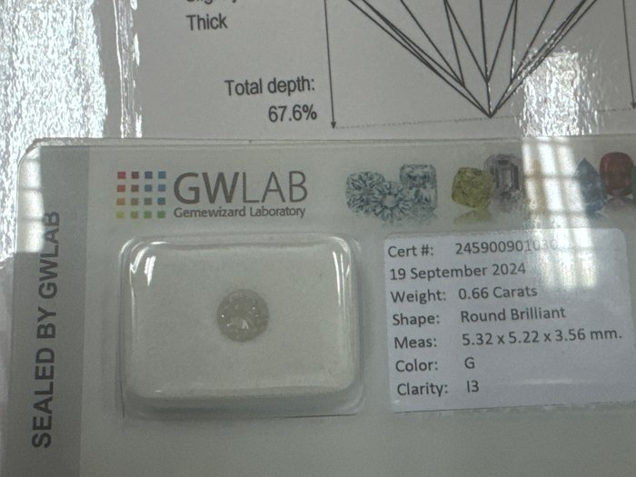 Ingen mindstepris - 1 pcs Diamant  (Natur)  - 0.66 ct - Rund - G - I3 - Gemewizard Gemological Laboratory (GWLab)