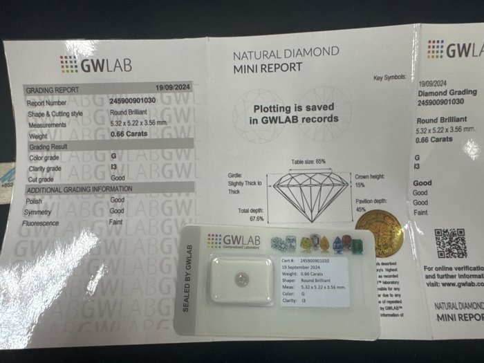 Ingen mindstepris - 1 pcs Diamant  (Natur)  - 0.66 ct - Rund - G - I3 - Gemewizard Gemological Laboratory (GWLab)