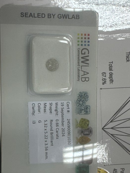 Ingen mindstepris - 1 pcs Diamant  (Natur)  - 0.66 ct - Rund - G - I3 - Gemewizard Gemological Laboratory (GWLab)