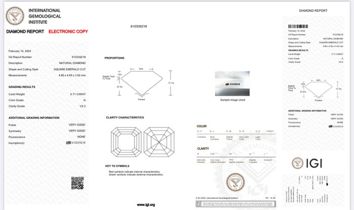 1 pcs Diamant  (Natur)  - 071 ct - Kvadrat - G - VS2 - International Gemological Institute (IGI)