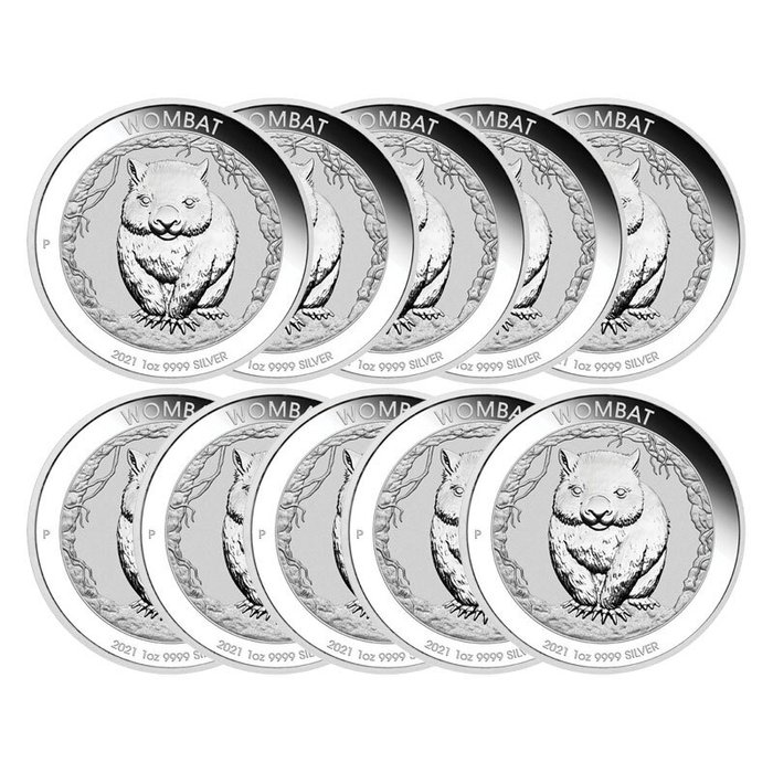 Australien. 10 x 1 oz 2021 $1 AUD Australian Silver Wombat Coin BU (In Capsule)