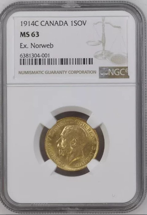 Canada. Georg 5. af Storbritannien (1910-1936). Sovereign 1914-C NGC Graded MS63, ex. Norweb Collection