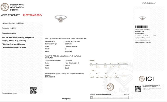 Ingen mindstepris - Ring - 14 karat Hvidguld -  050ct tw Lyserød Diamant (Naturfarvet) - Diamant