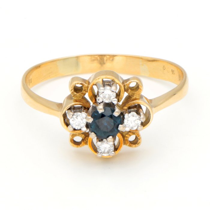 Ingen mindstepris - Ring - 18 kraat Gulguld -  0.08ct. tw. Diamant (Natur)  - Safir