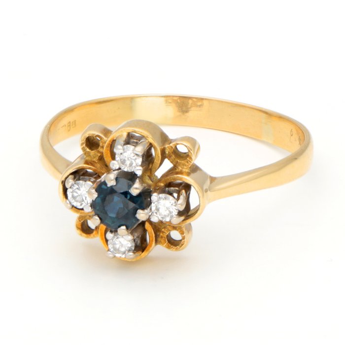 Ingen mindstepris - Ring - 18 kraat Gulguld -  0.08ct. tw. Diamant (Natur)  - Safir