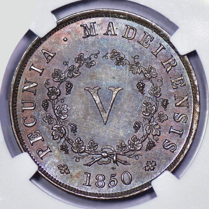 Madeira Øerne Portugal D Maria II (1834-1853) V Reis 1850 - NGC - MS 64 - Muito Rara