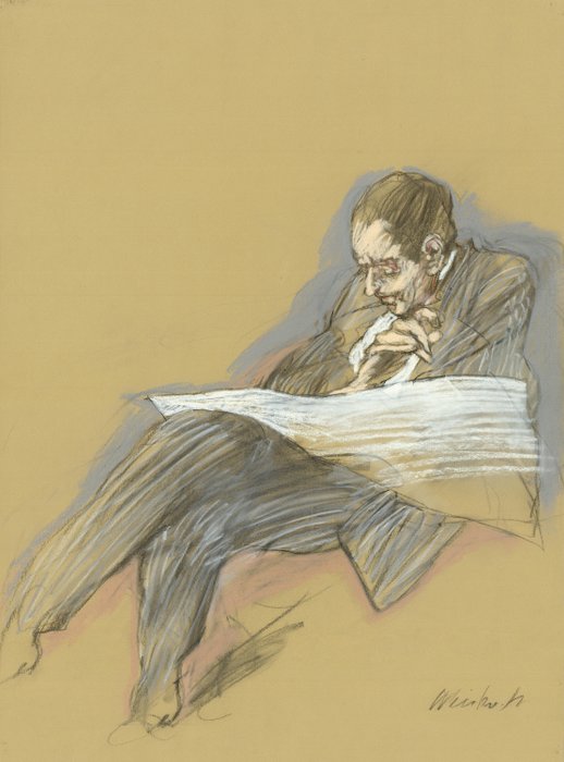 Claude Weisbuch (1927-2014) - Personnage à la lecture, dessin original au crayon et fusain - Certificat d'authenticité inclus