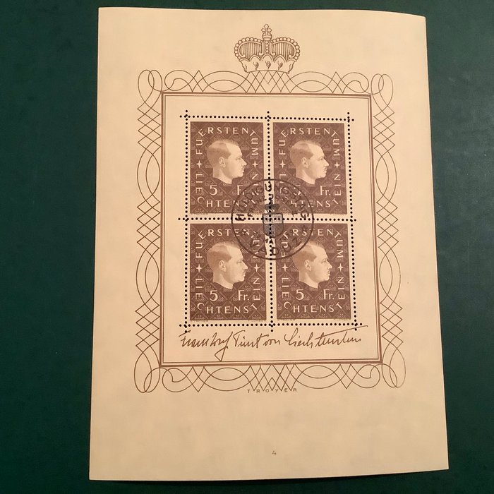 Liechtenstein 1939 - Lille ark af Prins Johan med førstedagsstempel af 29/03/1939 - Michel KB 185