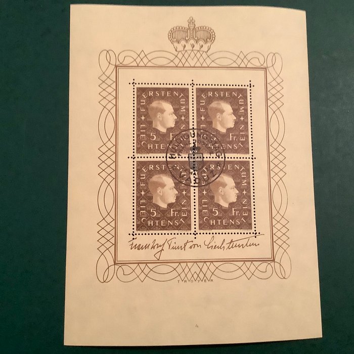 Liechtenstein 1939 - Lille ark af Prins Johan med førstedagsstempel af 29/03/1939 - Michel KB 185