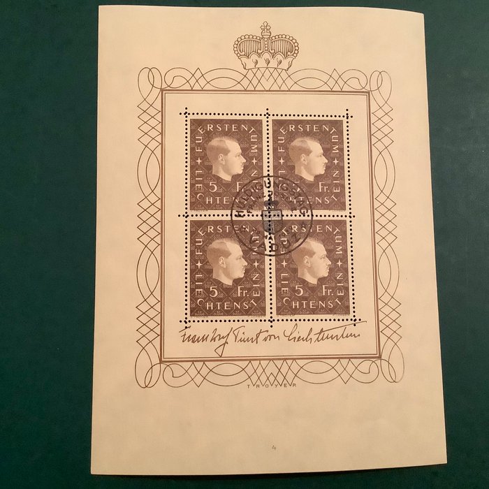 Liechtenstein 1939 - Lille ark af Prins Johan med førstedagsstempel af 29/03/1939 - Michel KB 185