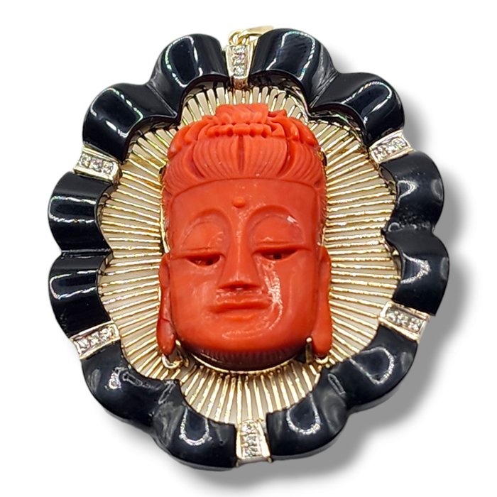 Broche - 14 karat Gulguld, Vintage 14 k guld  diamant broche vedhæng stort udskåret koral Buddha Kina