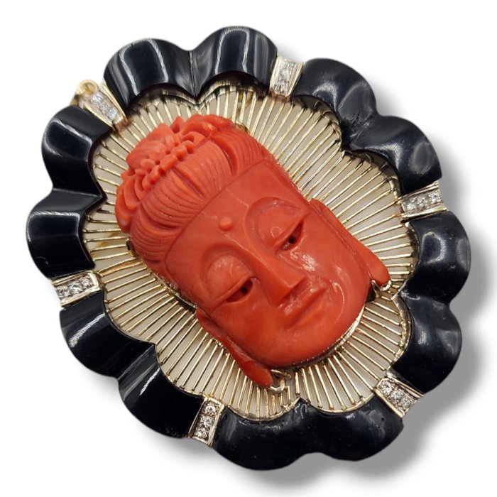 Broche - 14 karat Gulguld, Vintage 14 k guld  diamant broche vedhæng stort udskåret koral Buddha Kina