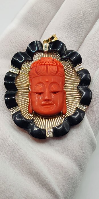 Broche - 14 karat Gulguld, Vintage 14 k guld  diamant broche vedhæng stort udskåret koral Buddha Kina