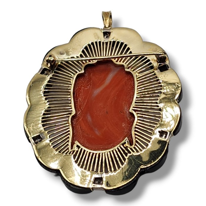 Broche - 14 karat Gulguld, Vintage 14 k guld  diamant broche vedhæng stort udskåret koral Buddha Kina