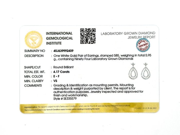 Øreringe - 14 karat Hvidguld -  4.17ct. tw. Diamant (Laboratoriedyrket)