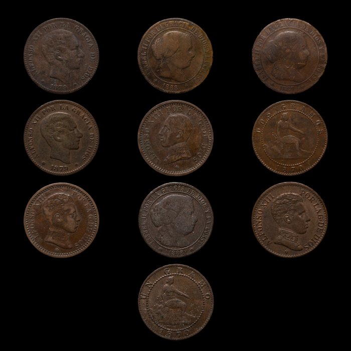 Spanien. Alfonso XII, Alfonso XIII e Isabel II. Céntimos 1867-1904 (8 monedas)  (Ingen mindstepris)