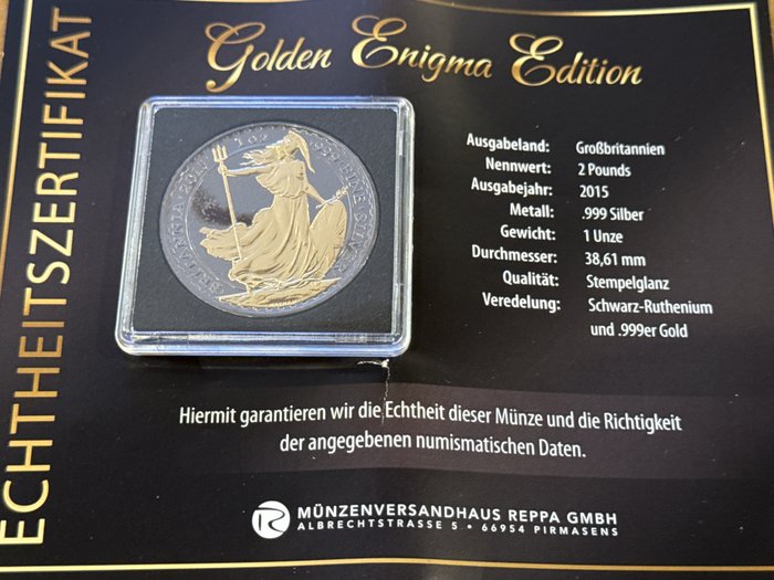 Storbritannien. 2 Pounds 2015  Britannia "Golden Enigma" - Ruthenium gilded, 1 Oz (.999)  (Ingen mindstepris)