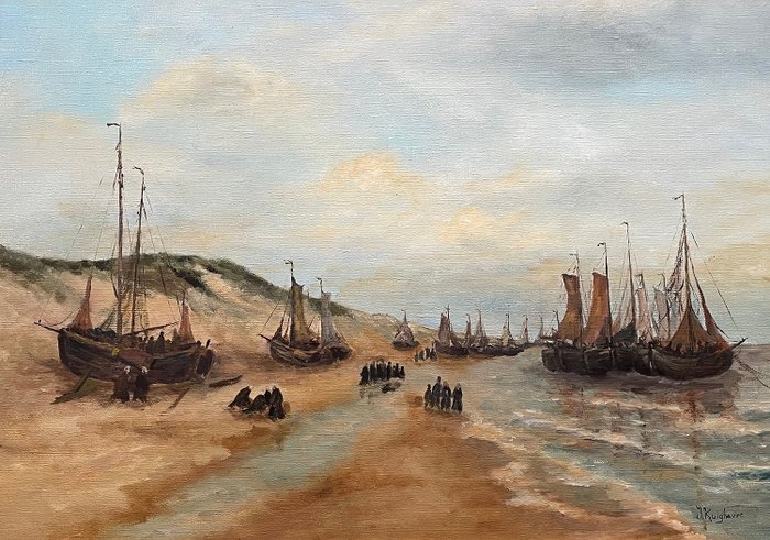 J Ruighaver (1909 - 2008) - Strand van Scheveningen vissers komen thuis