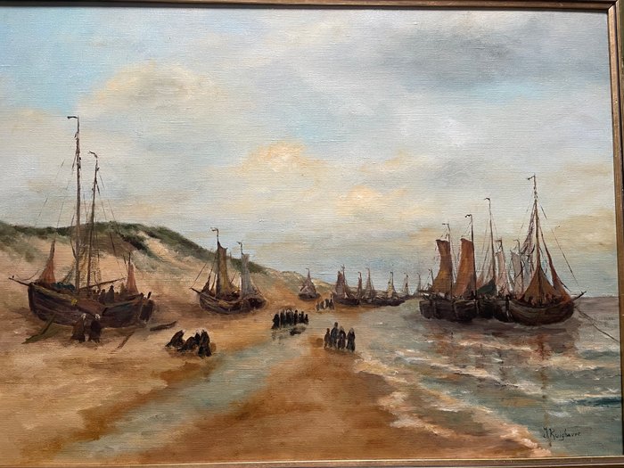 J Ruighaver (1909 - 2008) - Strand van Scheveningen vissers komen thuis