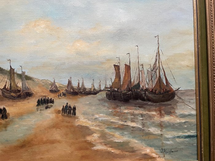 J Ruighaver (1909 - 2008) - Strand van Scheveningen vissers komen thuis