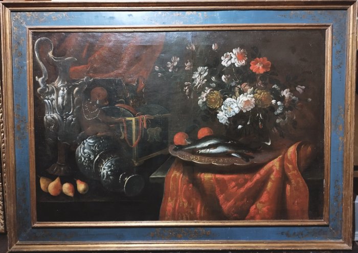 Giovanni Blasio (XVII-XVIII) - Natura morta con frutta, fiori, pesci, vasellame e una scimmietta