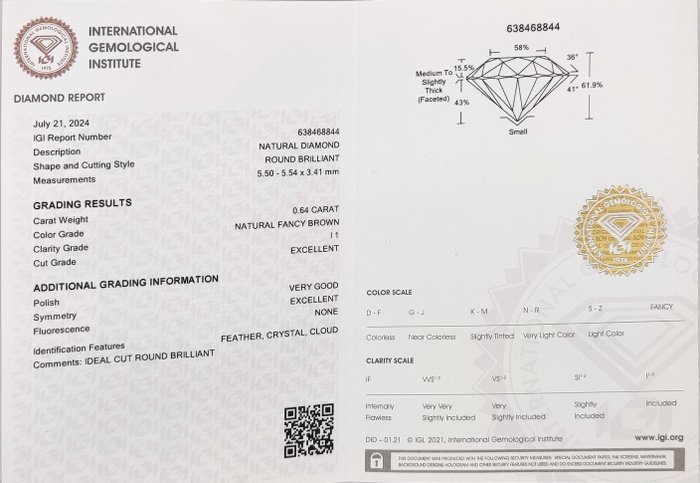 Ingen mindstepris - 1 pcs Diamant  (Naturfarvet)  - 0.64 ct - Rund - Fancy Brun - I1 - International Gemological Institute (IGI)