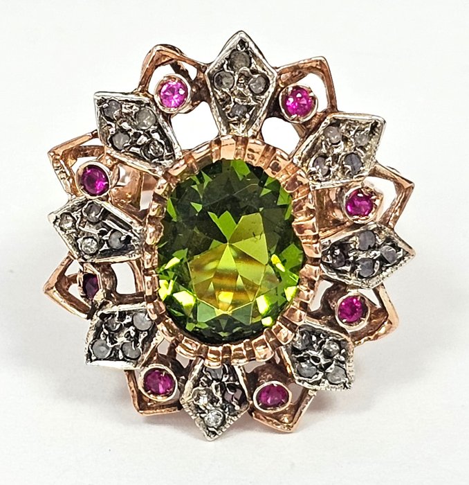 Ingen mindstepris - Ring - 9 kt. Rosaguld, Sølv -  5.49ct. tw. Peridot - Rubin