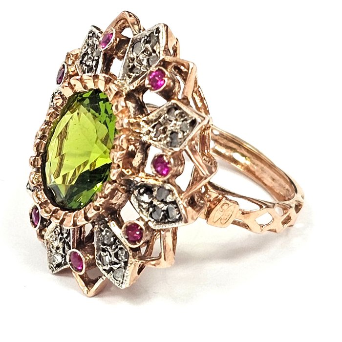 Ingen mindstepris - Ring - 9 kt. Rosaguld, Sølv -  5.49ct. tw. Peridot - Rubin