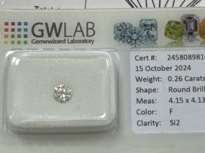 Ingen mindstepris - 1 pcs Diamant  (Natur)  - 0.26 ct - Rund - F - SI2 - Gemewizard Gemological Laboratory (GWLab)