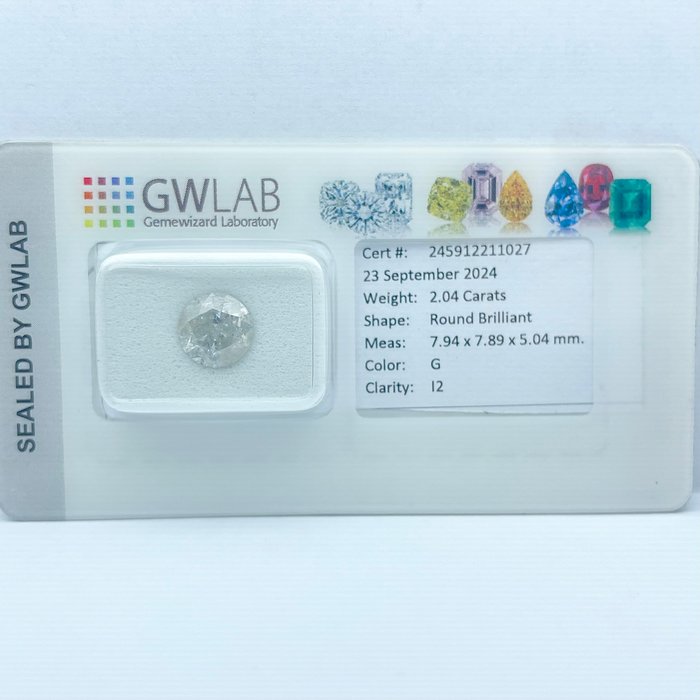 Ingen mindstepris - 1 pcs Diamant  (Natur)  - 2.04 ct - Rund - G - I2 - Gemewizard Gemological Laboratory (GWLab)