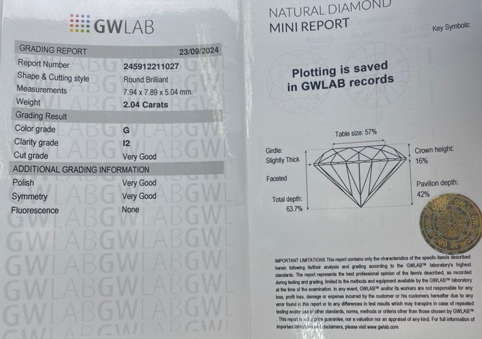 Ingen mindstepris - 1 pcs Diamant  (Natur)  - 2.04 ct - Rund - G - I2 - Gemewizard Gemological Laboratory (GWLab)