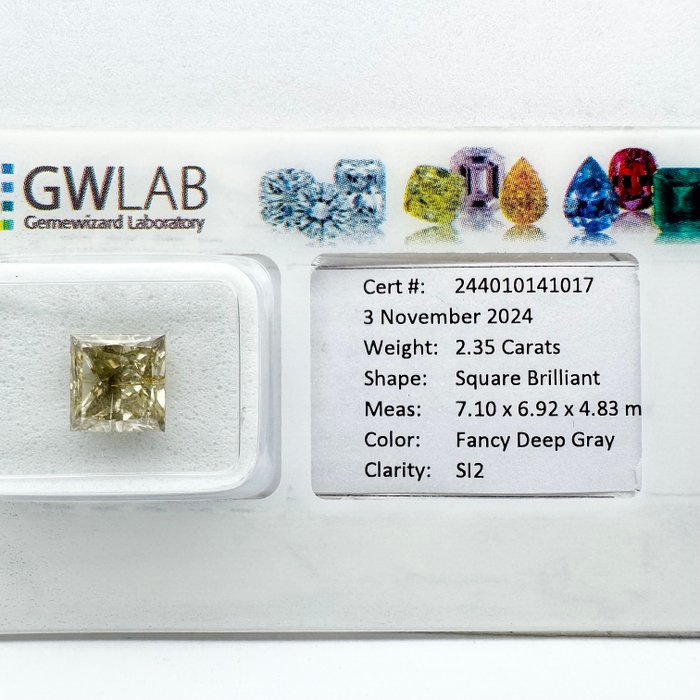 Ingen mindstepris - 1 pcs Diamant  (Naturfarvet)  - 2.35 ct - Kvadrat - Fancy, Fancy deep Grå - SI2 - Gemewizard Gemological Laboratory (GWLab)