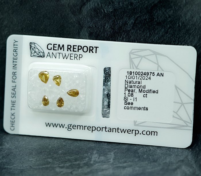 Ingen mindstepris - 5 pcs Diamant  (Natur)  - 1.08 ct - Pære - I1, SI1 - Gem Report Antwerp (GRA)