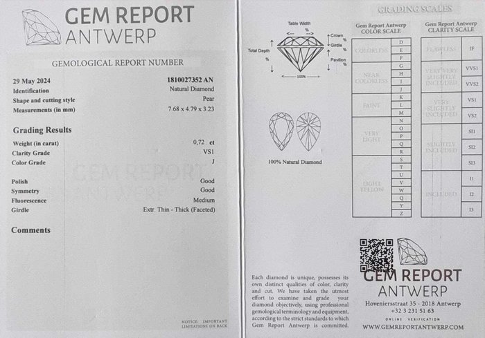 Ingen mindstepris - 1 pcs Diamant  (Natur)  - 0.72 ct - Pære - J - VS1 - Gem Report Antwerp (GRA)