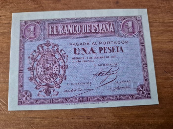 Spanien. - 1 Peseta 1937 - Pick 104a  (Ingen mindstepris)