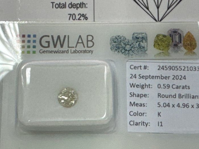 Ingen mindstepris - 1 pcs Diamant  (Natur)  - 0.59 ct - Rund - K - I1 - Gemewizard Gemological Laboratory (GWLab)