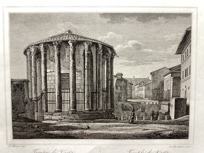 Italien - Lazio, Rom; 6 Roman Views: Portico of Ottavia, Tempio of Fortuna Virile, Temple of Vesta, Foro Palladio - Achille Parboni / S. Bossi;  Gaetano Cottafavi - 1821-1850