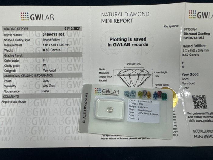 Ingen mindstepris - 1 pcs Diamant  (Natur)  - 0.50 ct - Rund - F - I2 - Gemewizard Gemological Laboratory (GWLab)